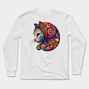 Neon Babushka Cat - Flowery Colorful Kitty Cat Head Profile Long Sleeve T-Shirt